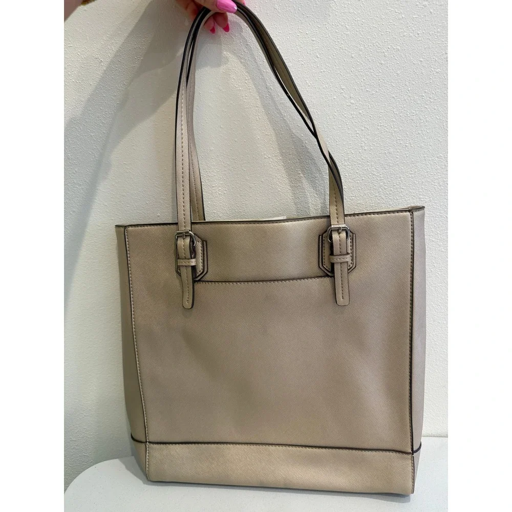 Dana‎ Buchman Metallic Champagne Gold Saffiano Tote Bag Zebra Print Lining NWT